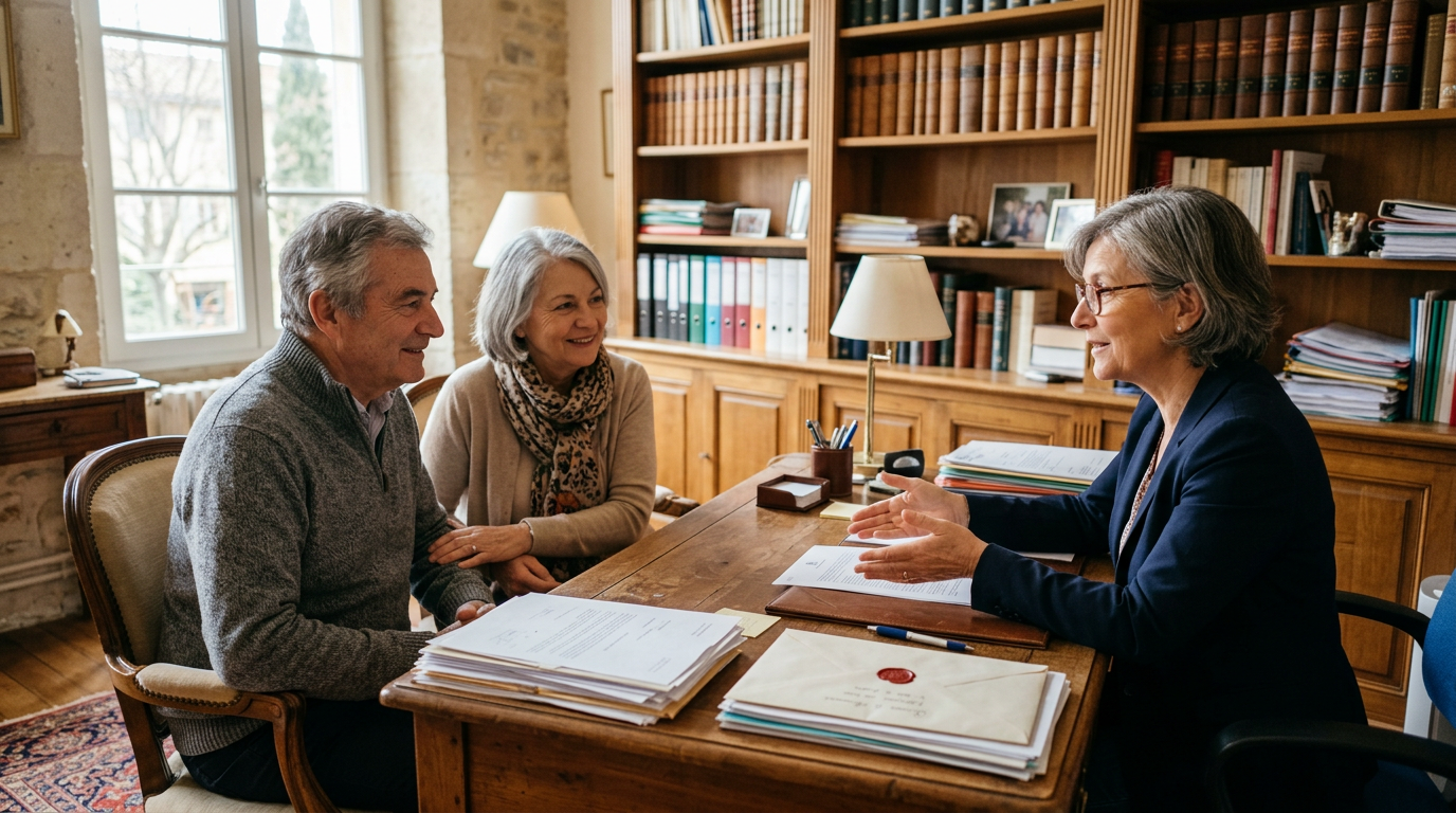 Un couple de la soixantaine échange avec une notaire, de part et d’autre d’un bureau. Image générée.