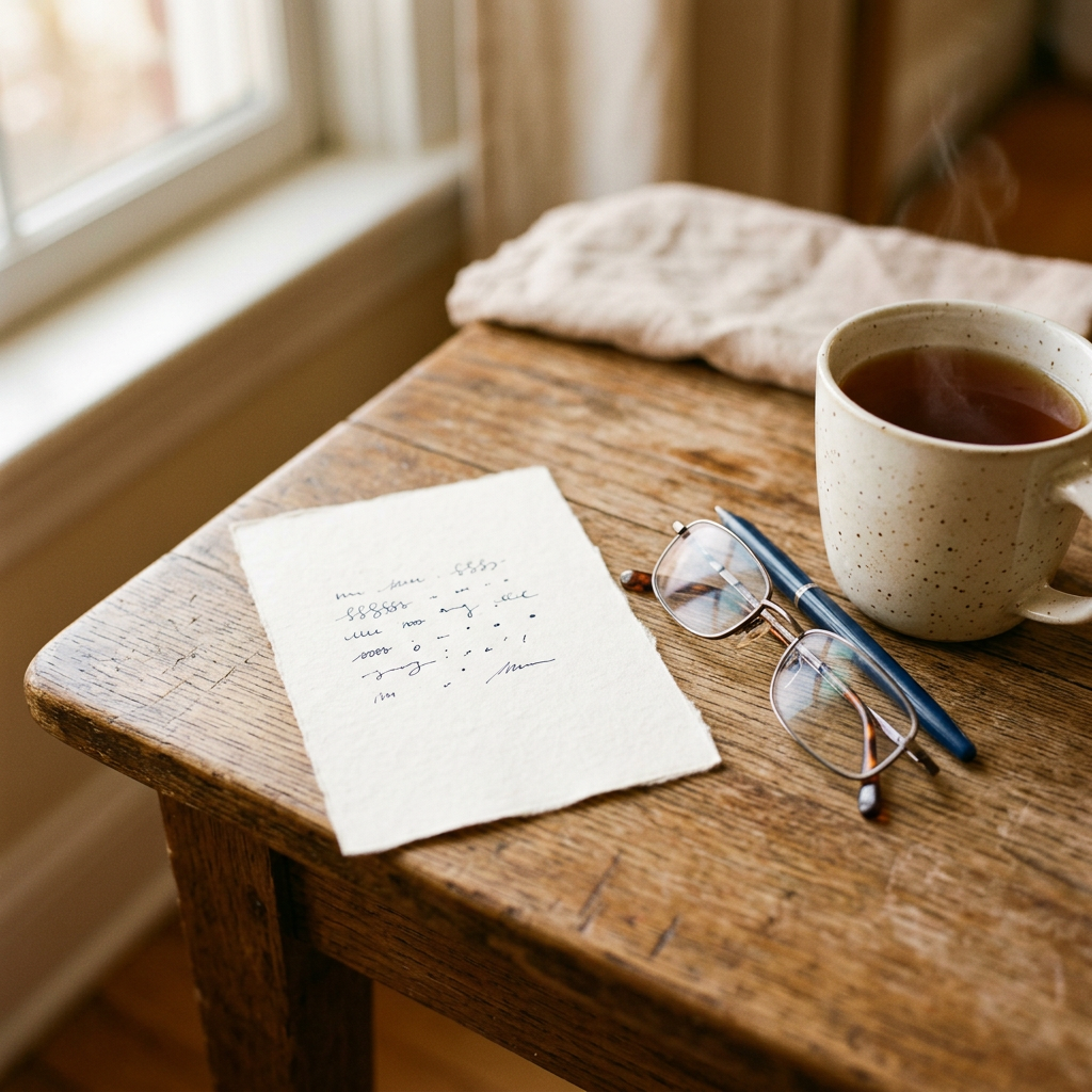 Une carte manuscrite posée près de lunettes et d’une tasse de thé. Image générée.