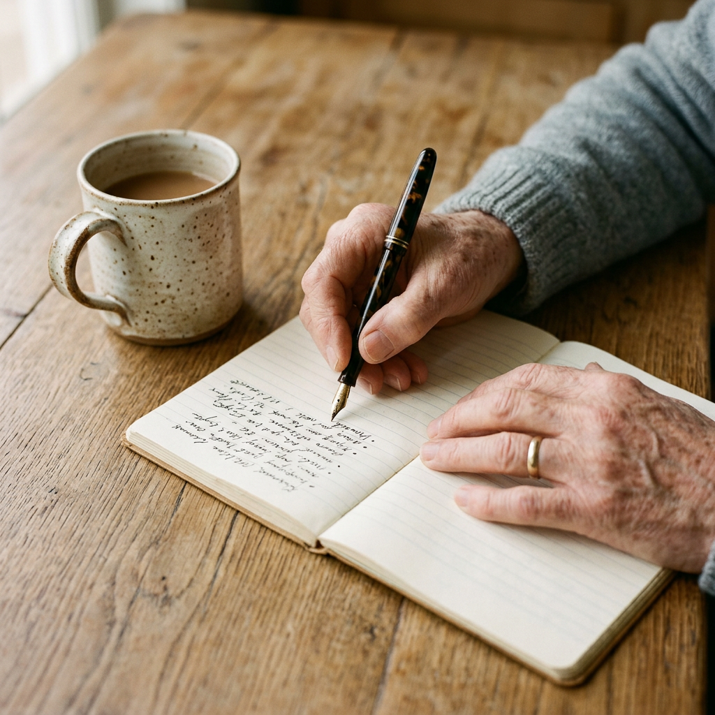 Une main écrit une liste dans un carnet, à côté d’une tasse. Image générée.