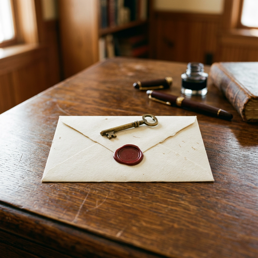 Une enveloppe cachetée et une clé ancienne sur un bureau de notaire. Image générée.